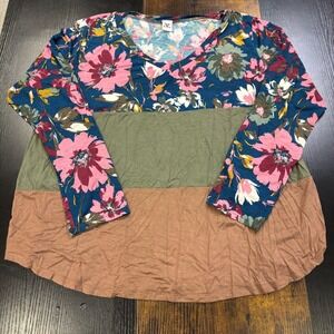 Sew In Love Women XL Floral Colorblock Long Sleeve V Neck Tunic Top